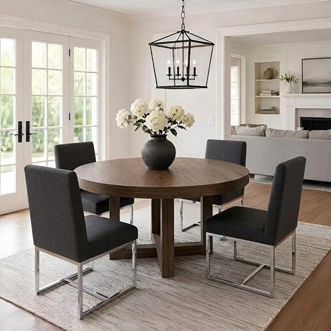 VESCASA Linen Upholstered Dining Chairs Set of 4, Mid Century Modern Padded Chair with Chrome Metal Frame for Restaurant, Dining Room, Kitchen, Charcoal