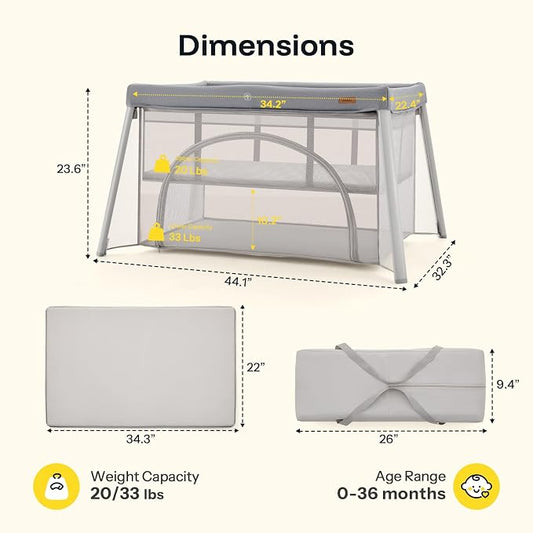 HARPPA Travel Crib with Comfy Pad, Lightweight Portable Crib Requires No Assembly, Foldable Pack and Play for Baby and Toddlers, Compact Play Yard with Bed,Gray