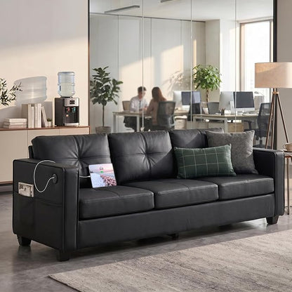 TYBOATLE 88" W Faux Leather Couches w/USB, Tufted Mid-Century Modern Comfy Black Leather Couch w/Side Pockets and Wider Arms for Living Room, 3 Seater Leathe Sofa for Office, Apartment, Bedroom