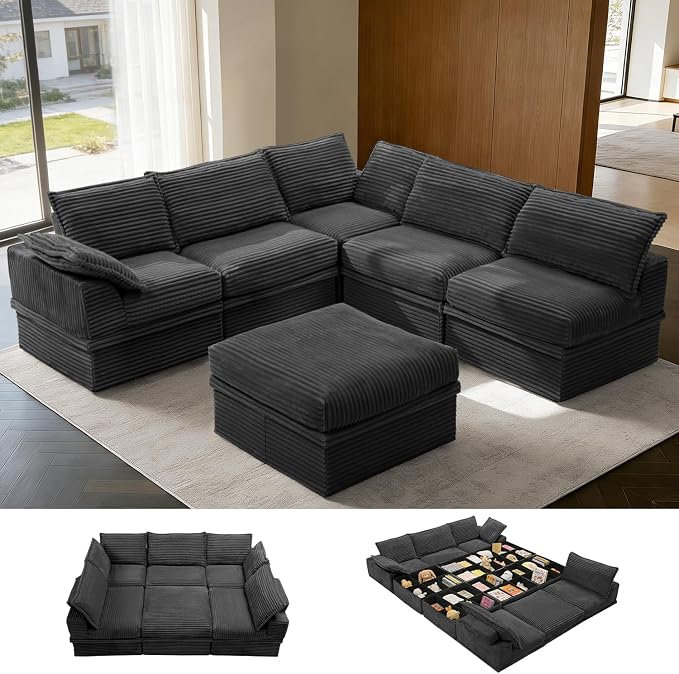 Upgrade Boneless Couch with Storage, Extra Deep&High Seat Modular Sectional Sofa 5 Seater U Shaped Couch with Ottoman, Tool-Free Assembly Sectional Couches for Living Room
