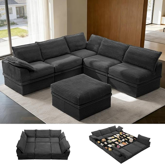 Upgrade Boneless Couch with Storage, Extra Deep&High Seat Modular Sectional Sofa 5 Seater U Shaped Couch with Ottoman, Tool-Free Assembly Sectional Couches for Living Room