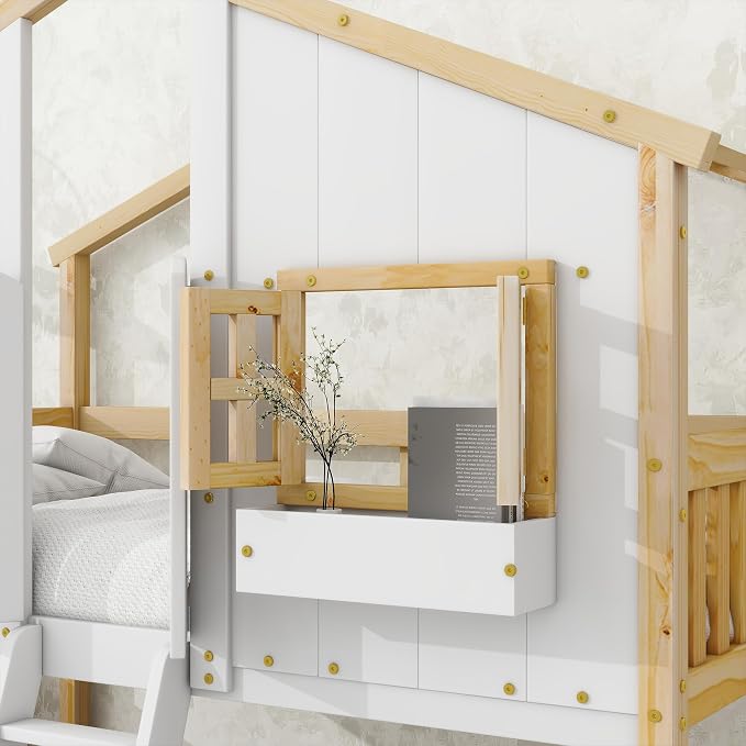 Twin over Twin House Bunk Bed with Roof,Windows,Door,Window Boxes,Safety Guardrails & Ladder,Pine Wood Frame,Low-Height Kids Bunk Beds for Bedrooms,Playful Loft Bed with Easy Assembly, Natural+White