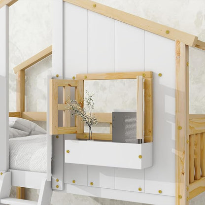 Twin over Twin House Bunk Bed with Roof,Windows,Door,Window Boxes,Safety Guardrails & Ladder,Pine Wood Frame,Low-Height Kids Bunk Beds for Bedrooms,Playful Loft Bed with Easy Assembly, Natural+White
