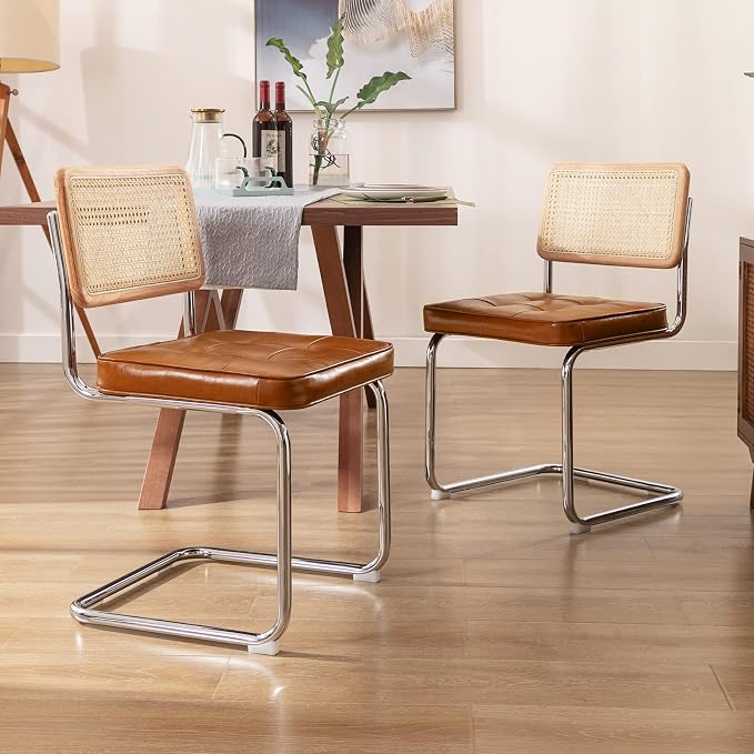 Zesthouse Natural Rattan Dining Chairs Set of 4, Mid Century Modern Dining Room Chairs with Chrome Leg, Faux Leather Kitchen Chair with Solid Wood Back & Cane Mesh, Breuer Cesca Design Inspired, Brown