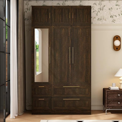 Wardrobe Closet with Mirror, 3 Door Wardrobe with 4 Drawers, Shelves, Hanging Rod, Modern Bedroom Armoire with Gold Handles, Brown Clothes Cabinet, 20.5”D x 47”W x 86.7”H