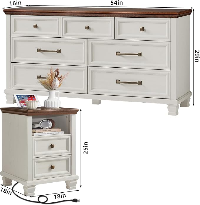 SAVOR LIFE Farmhouse Dresser and Nightstand Sets 2 Piece, 7 Drawer Dresser & 2 Drawer Nightstand Set, Rustic Wood Bedroom Furniture Set for Home, Bedroom, Hallway, White