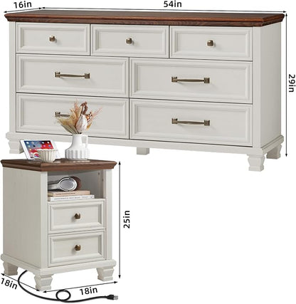 SAVOR LIFE Farmhouse Dresser and Nightstand Sets 2 Piece, 7 Drawer Dresser & 2 Drawer Nightstand Set, Rustic Wood Bedroom Furniture Set for Home, Bedroom, Hallway, White