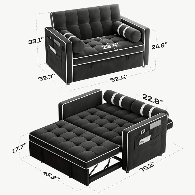 Marsail 3-in-1 Convertible Futon Sleeper Sofa Bed, Pull Out Couch with Adjustable Backrest, USB Charging & Side Pockets, Velvet Fabric Sofa for Living Room, Apartment, Loveseat, Dark Black