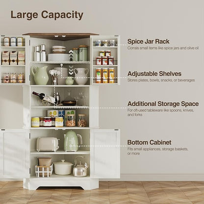 Befrases Corner Cabinet, 67''H Kitchen Pantry Storage Cabinet, 6-Tier Corner Food Pantry Hutch with 4 Barn Doors and Shelves, Tall Farmhouse Furniture for Kitchen Dining Living Room, White