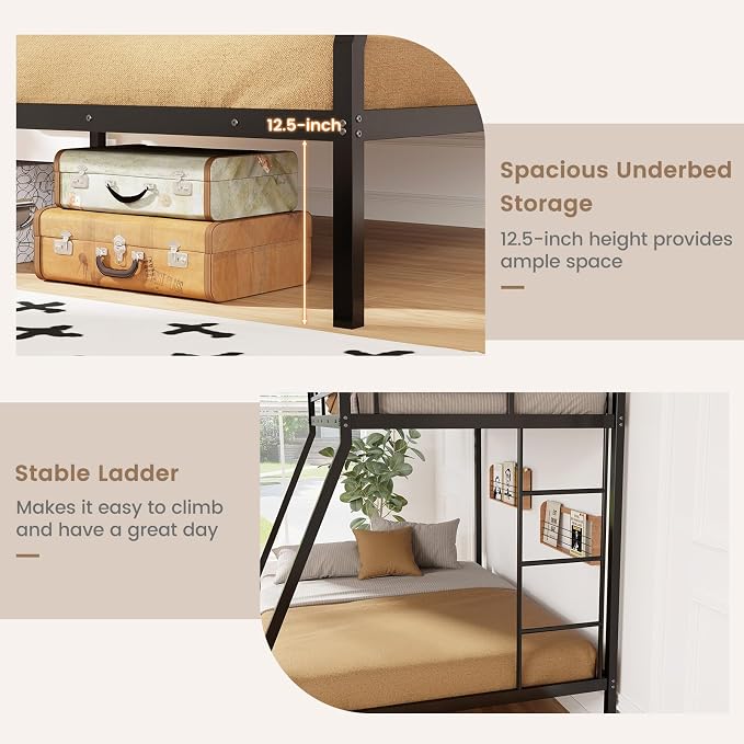 DORTALA Twin Over Full Bunk Bed, Metal Bunk Bed Frame w/Ladder, Safety Rail & Steel Slats, Space-Saving Bunk Beds for Kids Teens Adults, Noise Free for Dorm Bedroom, No Box Spring Needed, Black