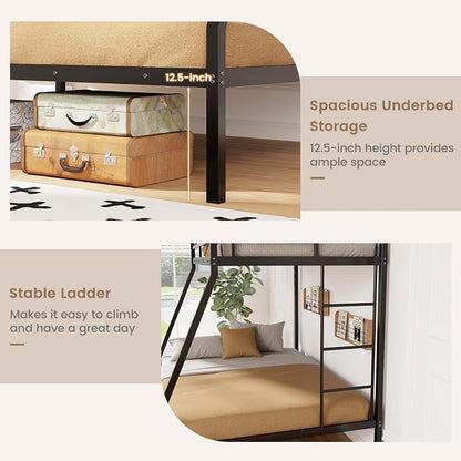 DORTALA Twin Over Full Bunk Bed, Metal Bunk Bed Frame w/Ladder, Safety Rail & Steel Slats, Space-Saving Bunk Beds for Kids Teens Adults, Noise Free for Dorm Bedroom, No Box Spring Needed, Black