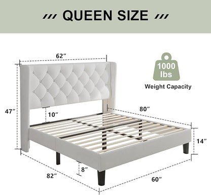 Feonase Queen Size Bed Frame with Diamond Tufted Wingback Headboard, Upholstered Platform Bed, Sturdy Wooden Slats Support, Noise-Free, No Box Spring Needed, Easy Assembly, White