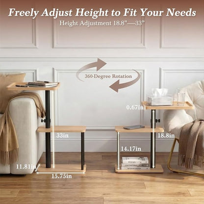 Faesun C Table End Table Adjustable Height, 360°Swivel TV Tray Table for Small Spaces, Small Nightstand for Living Room, Bedroom, Oak
