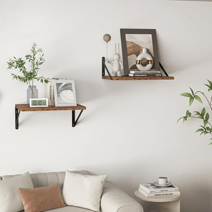 Heimlove Deep Floating Shelves for Wall, 28W x 12D Wood Wall Shelves Set of 2, Wide Floating Bookshelf for Living Room, Kitchen, Office, Bedroom and Decor Storage, with Metal Bracket - Rustic Brown