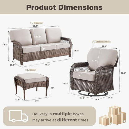 Belord Luxury Patio Furniture Set with 5-inch Thick Cushion, Outdoor High Back Swivel Rocker Patio Chairs, 7PCS Wicker Conversation Set for Deck Yard and Poolside,Beige