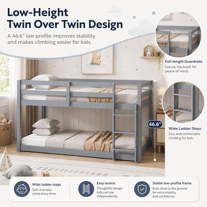 Twin Over Twin Bunk Bed, Low Profile Wooden Frame for Kids Bedroom, Floor Bunk with Ladder and Guardrails, Rubber Wood Construction, 13 Plywood Slats, No Box Spring Needed (Grey)
