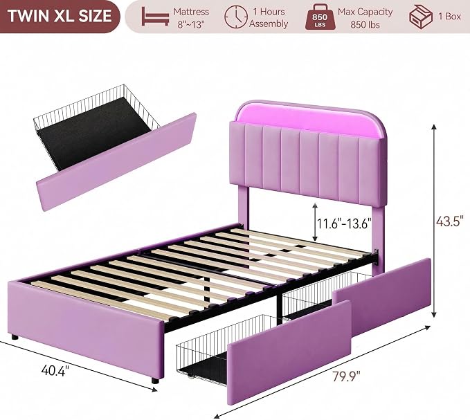 GarveeHome Twin XL Bed Frame with Storage Headboard, Kids Bed Frame with 2 Drawers, Velvet Upholstered Platform Bed Frame with Lights, No Box Spring Needed, Easy Assembly, Velvet Purple