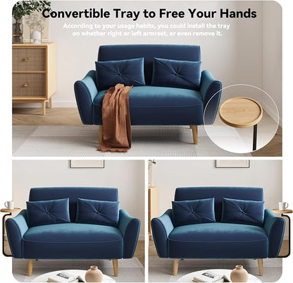 Brelice Loveseat Sofa, 47" Velvet Couch for Bedroom, Convertible Wooden Tray & Ergonomic Armrest, for Small Space, Apartment, Living Room, Home Office, Easy Assembly, Blue