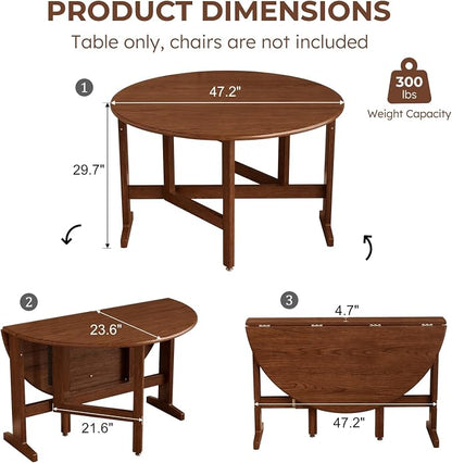 47.2" Solid Wood Small Round Dining Table, 3 in 1 Space Saving Folding Dining Table, Foldable Kitchen Table for 2-6, Round Table with Leaf, Wooden Folding Table Drop Leaf Tables for Small Spaces
