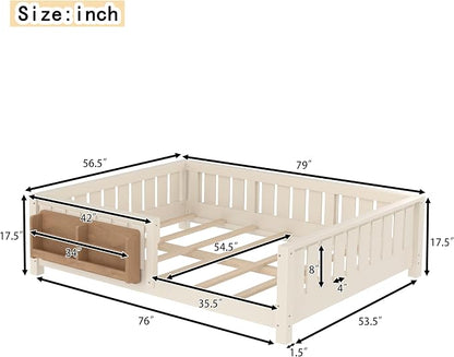 Bellemave Full Size Floor Bed with high Rails and with Built-in Bookshelf for Kids, Girls, Boys, Wood Montessori Floor Bed Without Door, Beige
