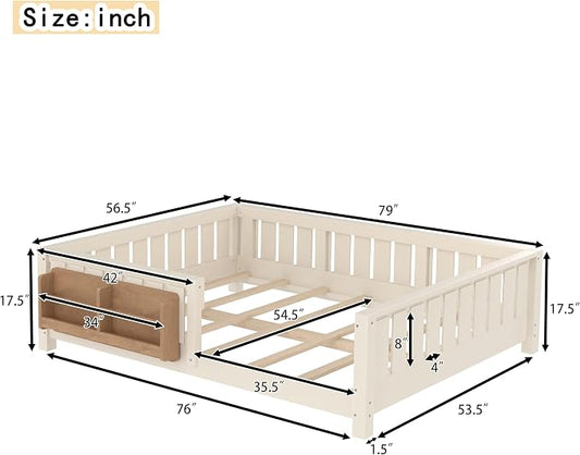 Bellemave Full Size Floor Bed with high Rails and with Built-in Bookshelf for Kids, Girls, Boys, Wood Montessori Floor Bed Without Door, Beige