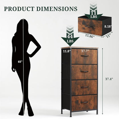 4 Drawers Dresser for Bedroom, Fabric Storage Tower Organizer with Wooden Top and Steel Frame, Tall Chest of Drawers for Closet, Entryway, Dorm, Brown