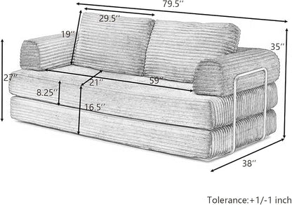 HANXIN 80 Inch Convertible Sleeper Sofa Bed, High Back Plush Corduroy Folding Floor Mattress Couch with Fixed-Shape Frame, Boneless Futon Loveseat with Pull Out Bed, No Assembly Required (Beige)