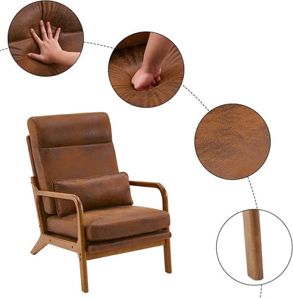 Karl home Accent Chair High Back Mid-Century Modern, Brown | Bronzing Cloth Upholstered, Walnut Color Solid Rubber Wood Frame, Soft Cushion with Pillow, For Living Room, Bedroom, Balcony