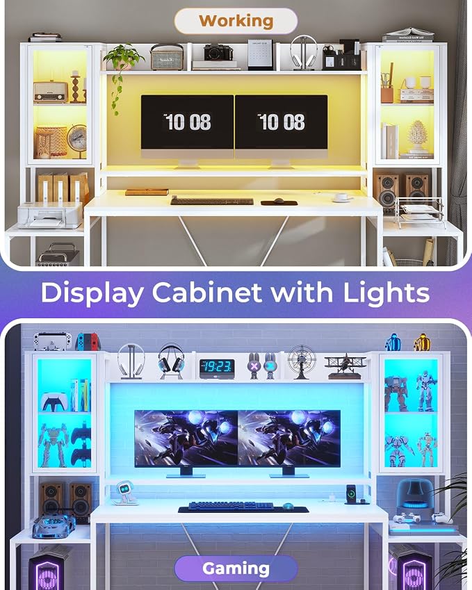 SEDETA Gaming Desk 74.8'' with LED Lights, Hutch and Storage Shelves, Computer Desk with Monitor Stand, Large PC Gamer Desk Workstation, Ergonomic Gaming Table for Bedroom, Living Room, White