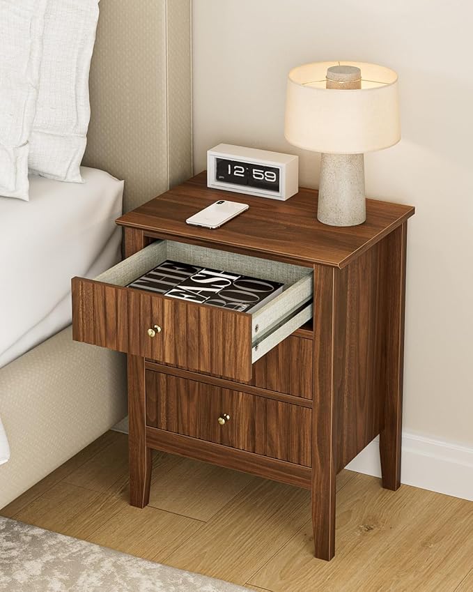 Nightstand Vintage, Fluted Night Stand Tall Farmhouse Beside Table with 3 Drawers, Mid Century Modern Side Accent Table,Bedside End Table for Bedroom, Walnut