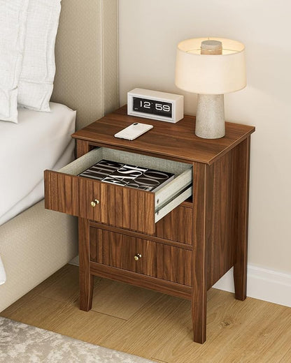 Nightstand Vintage, Fluted Night Stand Tall Farmhouse Beside Table with 3 Drawers, Mid Century Modern Side Accent Table,Bedside End Table for Bedroom, Walnut