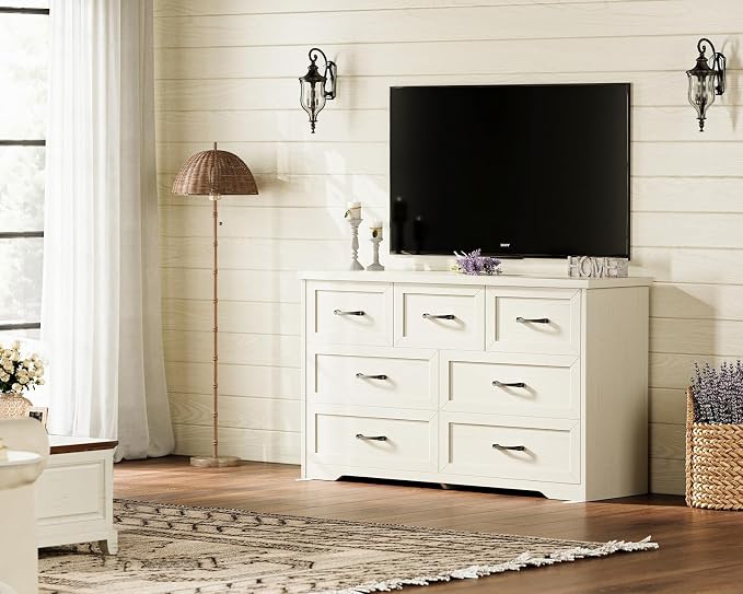 AODK Farmhouse 7 Drawer Dresser for Bedroom, 47” Wide Rustic Storage Chest with Engineered Wood Frame, Anti-Tip Design, American Country Bedroom Furniture, Vintage White