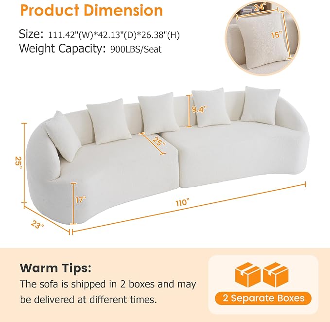 111" Boneless Sofa Couch 4 Seater, Modern Oversized Curved Couch, Luxury Wood Grain Chenille Fabric, Deep Seat Sectional Couches for Living Room (Cream White, 111")