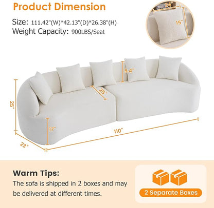 111" Boneless Sofa Couch 4 Seater, Modern Oversized Curved Couch, Luxury Wood Grain Chenille Fabric, Deep Seat Sectional Couches for Living Room (Cream White, 111")