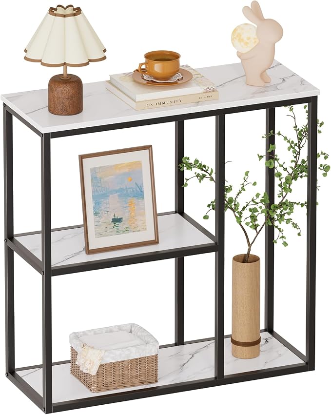 WOHOMO Console Table, 12 Inch Narrow Entryway Table for Living Room, 31.5 Inch Modern Industrial Sofa Table with 3-Tier Storage Shelves for Corridor, Hallway, White Marble