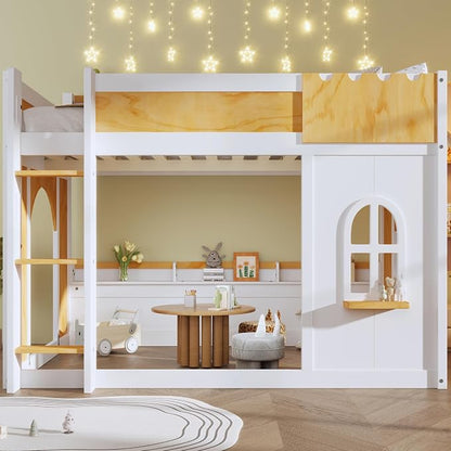 Full Over Full Bunk Bed with Storage Shelves,Window and Two Doors,for Kids Teens Adults Use (White+Natural-Doors, Full Over Full)