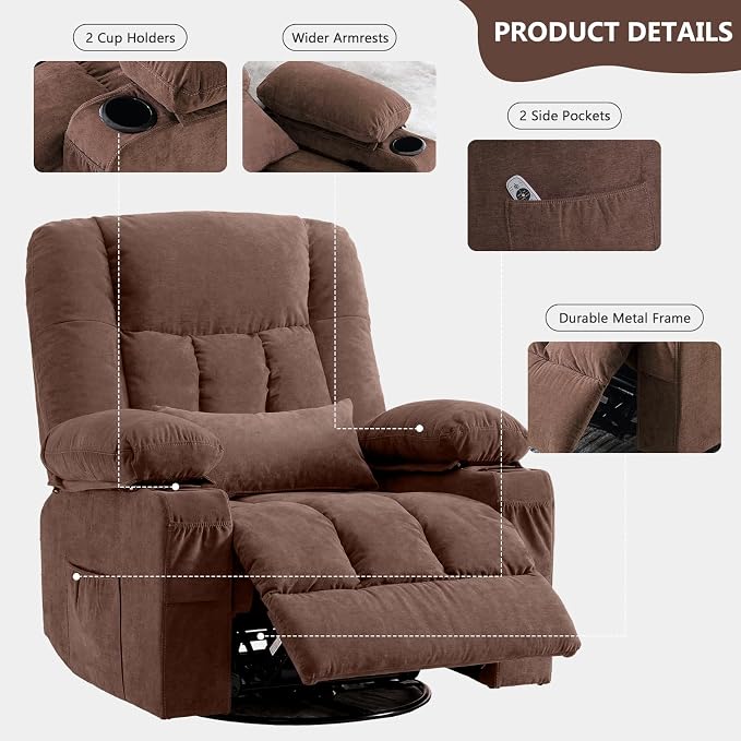 Swivel Rocker Recliner Chair with Vibration Massage and Heat Ergonomic Lounge Chair for Living Room with Rocking Function and Side Pocket, 2 Cup Holders, USB Charge Port