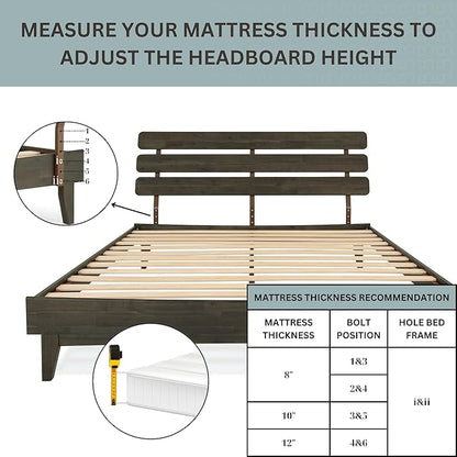 Bme Caden King Size Bed Frame and Adjustable Headboard, 15 Inch Mid Century Retro Style - Solid Acacia Wood - No Box Spring Needed - 12 Strong Wood Slat Support - Easy Assembly - Charcoal Mocha
