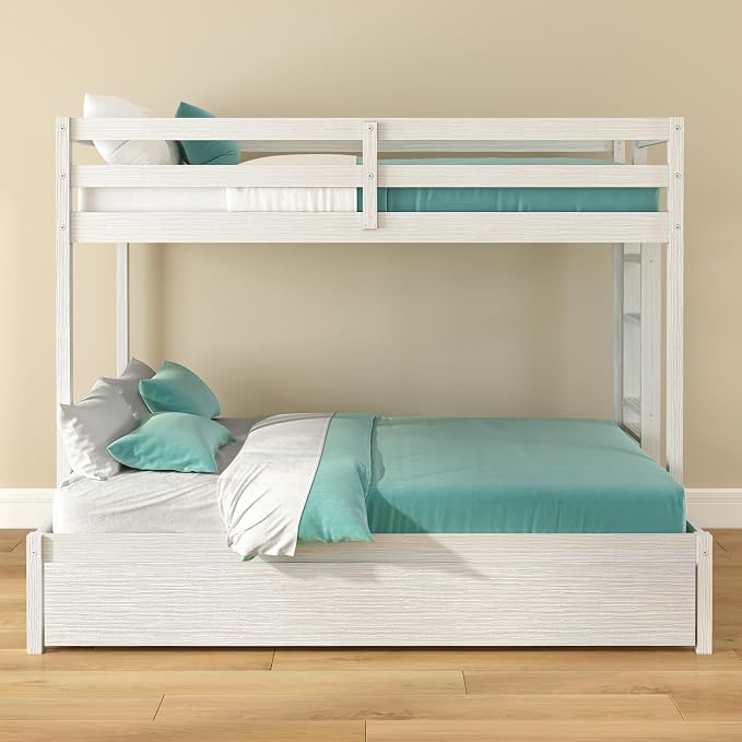 Grain & Grove Bear Twin Over Full Bunk Bed with Storage Drawers, Sturdy Bunk Bed Frame for Kids, Plywood Bunk with Ladder, Guardrail, and Slats, No Box Spring Required, Brushed White
