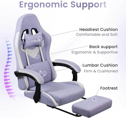 N-GEN GAMING Video Gaming Chair with Footrest Lumbar Support for Home Office High Back Recliner Height Adjustable Ergonomic Comfy Fabric Computer Desk Chair (Purple)