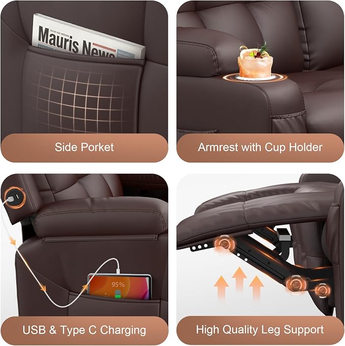Reclining Couch, 113" PU Leather Sofa Recliner with Massage - 4 Seat Home Theater Seating Comfy Soft, Manual Wall Hugger Reclining with Lumbar Support Sofa Set for Family Living Room, Brown
