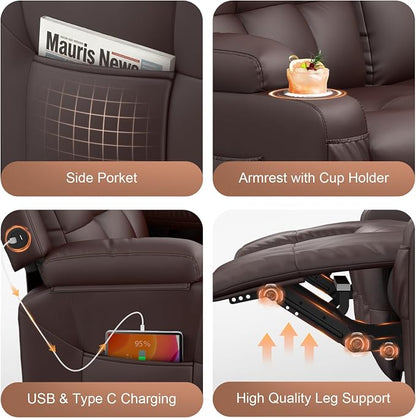 Reclining Couch, 113" PU Leather Sofa Recliner with Massage - 4 Seat Home Theater Seating Comfy Soft, Manual Wall Hugger Reclining with Lumbar Support Sofa Set for Family Living Room, Brown