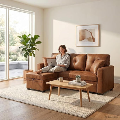 TYBOATLE Convertible Sofa Bed Couch with Reversible Storage Chaise, 71" L Shaped Pull Out Couch Bed, Comfy Linen Fabric Sleeper Sofa for Living Room, Apartment & Guest Room (Brown)
