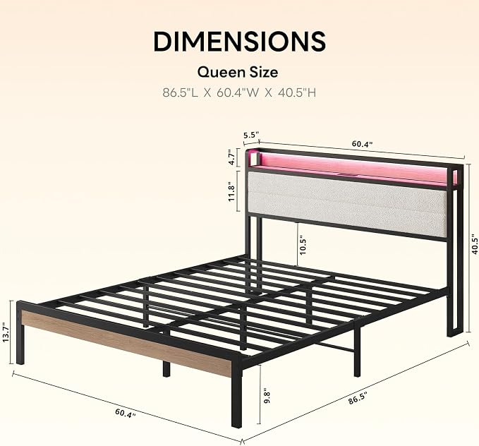 LIKIMIO Queen Bed Frame with Storage Headboard and LED Lights, Metal Platform Bed with Charging Station, Noise Free, No Box Spring Needed, Under Bed Storage, Natural and Cream