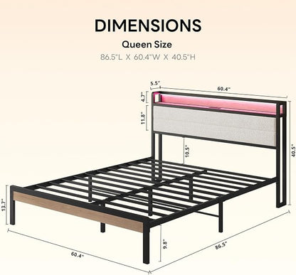 LIKIMIO Queen Bed Frame with Storage Headboard and LED Lights, Metal Platform Bed with Charging Station, Noise Free, No Box Spring Needed, Under Bed Storage, Natural and Cream