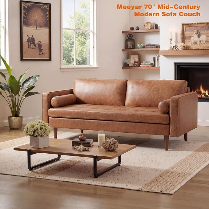 70" Mid-Century Modern Faux Leather Sofa, Comfortable Button Tufted Loveseat Couch with Bolster Pillows & Solid Wood Legs for Living Room, Apartment, Office, 1100lbs Capacity, Brown