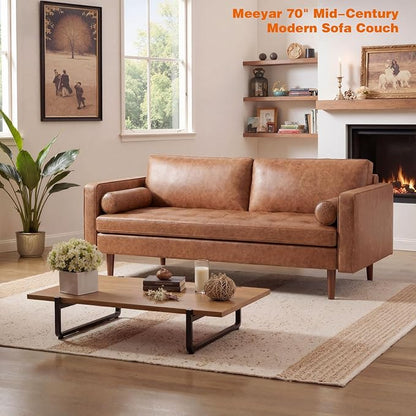 70" Mid-Century Modern Faux Leather Sofa, Comfortable Button Tufted Loveseat Couch with Bolster Pillows & Solid Wood Legs for Living Room, Apartment, Office, 1100lbs Capacity, Brown
