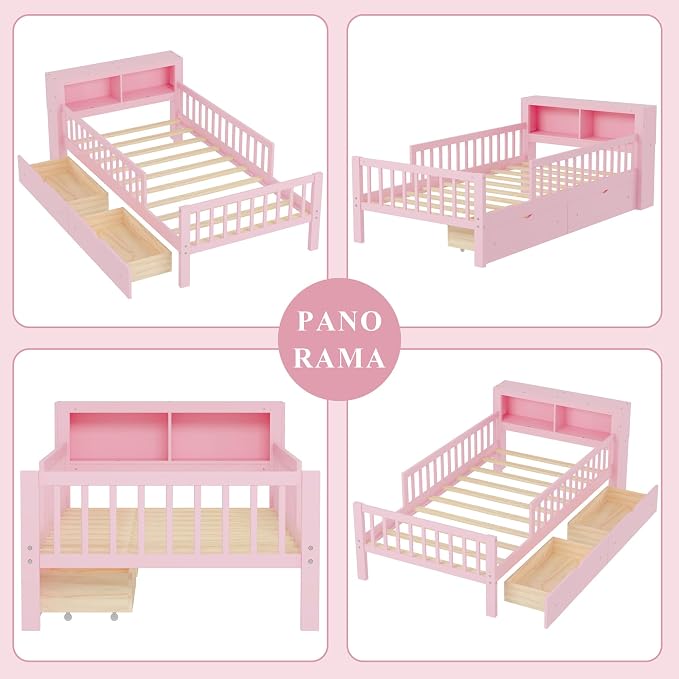 Bellemave Kids Twin Platform Bed with 2 Drawers & Storage Headboard, Kids Twin Bed Frame with 3-Side Guardrails for Girls Boys, Pink