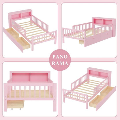 Bellemave Kids Twin Platform Bed with 2 Drawers & Storage Headboard, Kids Twin Bed Frame with 3-Side Guardrails for Girls Boys, Pink