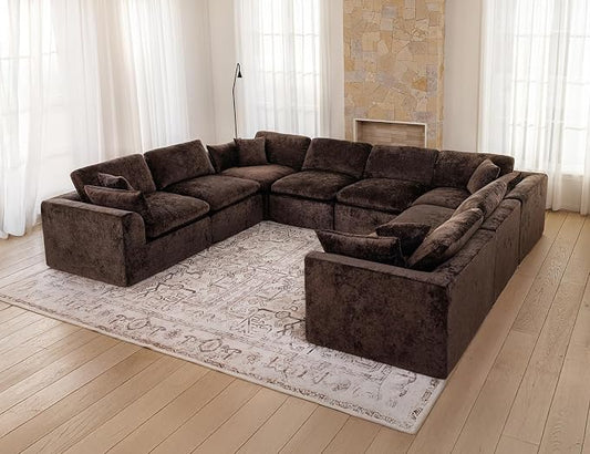 Modular Sectional Sofa – Oversized Modern Cloud Couch with Deep Chenille Seats, U-Shaped Boneless Sofa, Pet-Friendly, No Assembly, Brown (8 Seater)